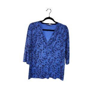 Dana Buchman Blue Floral Print V-Neck 3/4 Sleeve Womens Top Size M